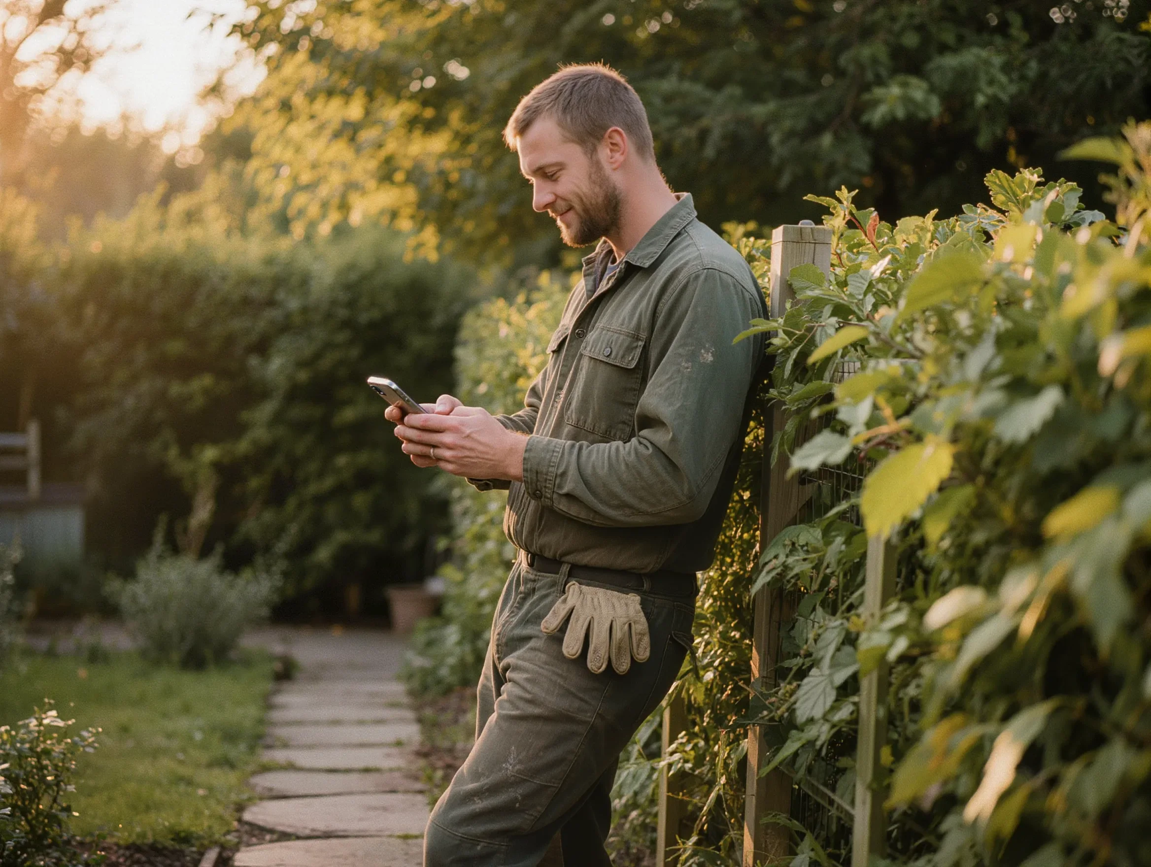 GaLaBau-Fachkraft mit Smartphone im Garten
